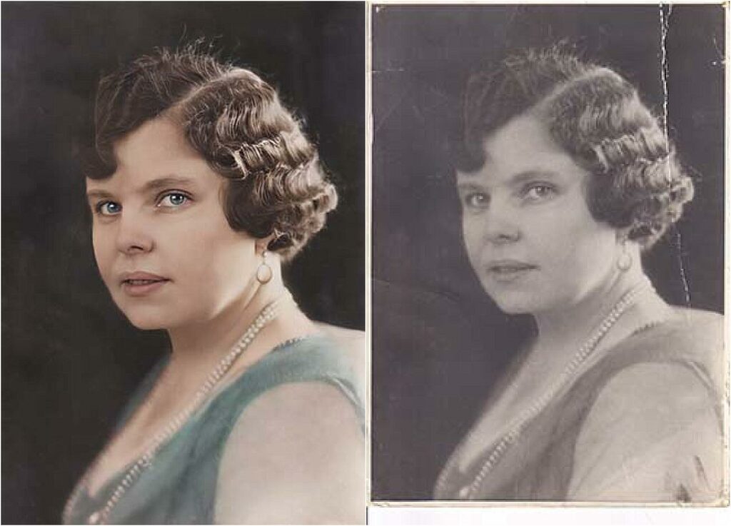 Restaurering gamla fotografier kvinna i pärlhalsband